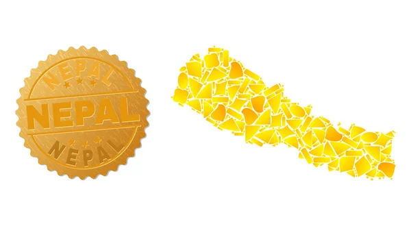 Nepal Mapa Collage de manchas de oro y sello metálico de Nepal — Vector de stock
