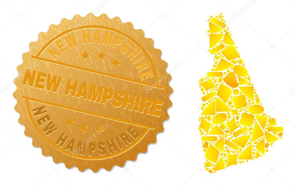 New Hampshire State Map Collage of Gold Fractions and Metallic New Hampshire Seal Stamp