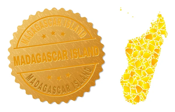 Madagaskar-Karte Collage aus Goldgegenständen und texturiertem Madagaskar-Inselsiegel — Stockvektor