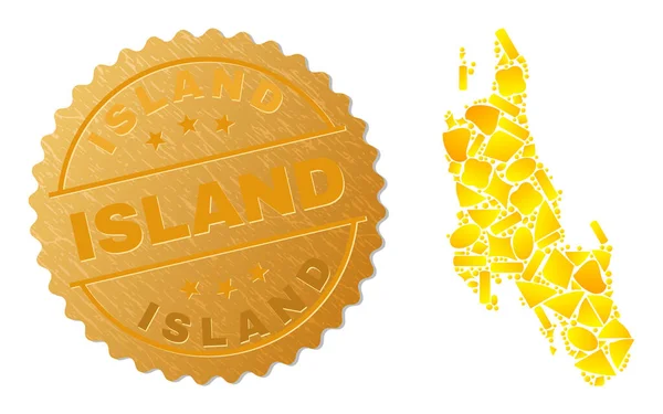 Zanzibar Island Map Mosaic of Gold Elements and Metal Island Seal Stamp — Stock Vector