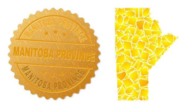 Kaart van de provincie Manitoba Collage of Gold Elements and Metallic Manitoba Province Seal — Stockvector