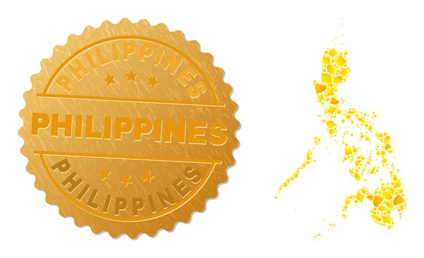 Filippinerna Karta Mosaik av guldfraktioner och texturerade Filippinerna Stämpel — Stock vektor