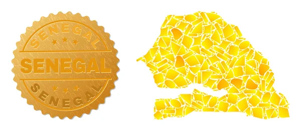 Senegal-Karte Collage aus Goldflecken und texturiertem Senegal-Siegel — Stockvektor