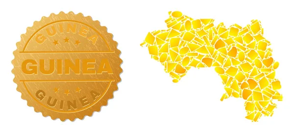 Karte der Republik Guinea Collage aus goldenen Teilen und texturierter Guinea-Siegelmarke — Stockvektor