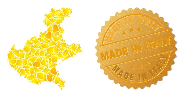 Karte der Region Venetien Collage aus Goldelementen und Siegelstempel Made in Italy — Stockvektor