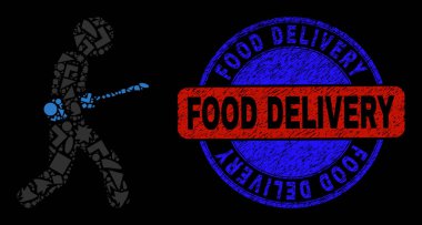 Çift Renkli Tehlike Yiyecek Teslimatı Mühür ve Geometrik Mozaik Tornavida Kurye Simgesi