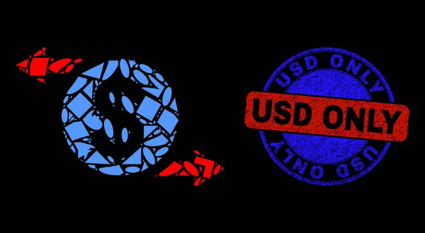 Dwukolorowy Distress USD Tylko pieczęć pieczęć i geometryczne Mosaic Dollar Exchange Arrows Ikona — Wektor stockowy