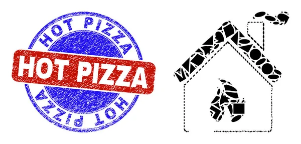 双色遇险热比萨徽章和几何马赛克厨房大楼图标 — 图库矢量图片