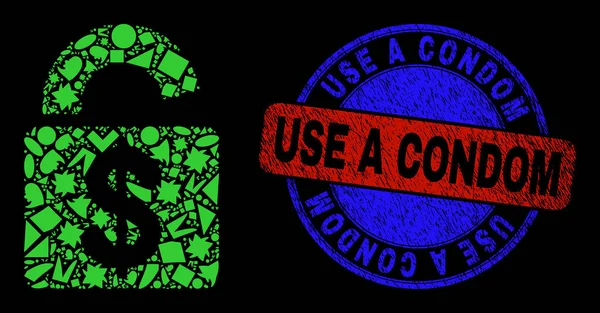 Bicolor Grunge Gebruik een condoom zegel en geometrische Mosaic Bank Lock Icon — Stockvector