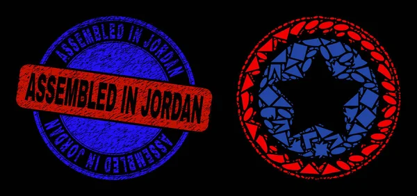 Bicolor Scratched Assembled in Jordan Badge and Geometric Mosaic Star Seal Icon - Stok Vektor