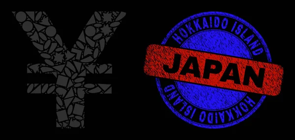 Dwukolorowy Grunge Hokkaido Island Japonia Odznaka i Geometryczna Mozaika Japońska Ikona Jena — Wektor stockowy