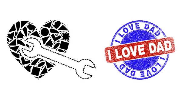 Bicolor Textured I Love Dad Badge And Geometric Mosaic Heart Repair Wrench Icon — 图库矢量图片