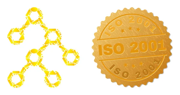 Binary Structure Icon Collage of Golden Particles and Textured ISO 2001 Badge — Wektor stockowy