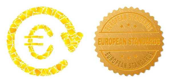 Euro Pay Again Icon Collage of Golden Particles and Textured European Standards Seal Stamp — Stock Vector