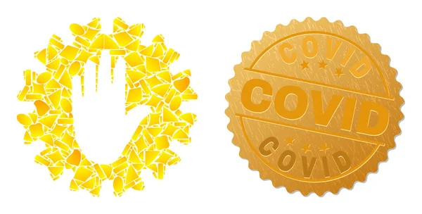 Stop Hand Coronavirus Icon Mosaic of Golden and Textured Covid Stamp — Vetor de Stock