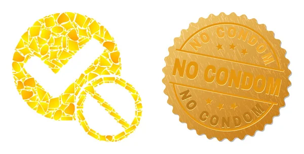 Niet positief pictogram Mozaïek van gouden vlekken en getextureerd geen condoom badge — Stockvector