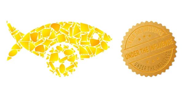 Icône de virus du poisson Mosaïque de fractions dorées et texturées sous l'influence Timbre du sceau — Image vectorielle