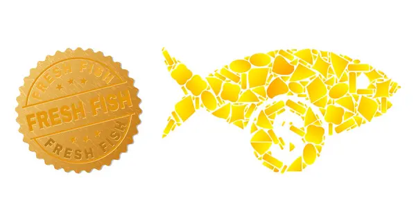 Fischpreis-Ikone Collage aus Goldteilen und Texturiertem Frischfisch-Siegelstempel — Stockvektor