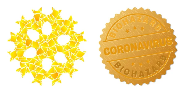 Virus Cell Ikon Collage av guldföremål och metall Biohazard Coronavirus Stämpel — Stock vektor