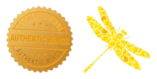 Dragonfly Icon Collage d'objets en or et de joints métalliques authentiques d'ailes — Image vectorielle