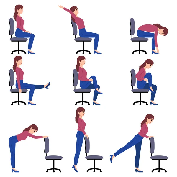 Chica haciendo ejercicios en la silla de la oficina. — Vector de stock