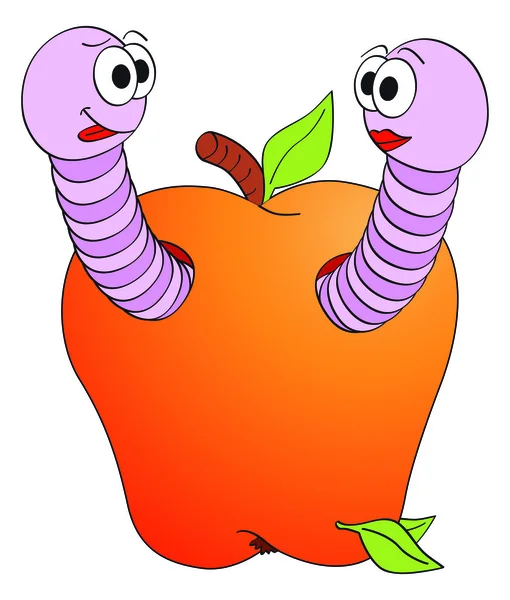 Cartoon glimlachen wormen karakter in appel illustratie geïsoleerd op witte achtergrond — Stockvector