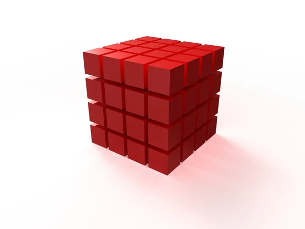 Cube ordonné rouge 4x4 assemblé à partir de blocs isolés sur fond blanc — Photo