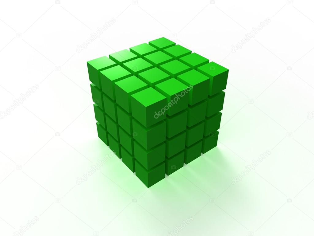 4x4 green ordered cube assembling from blocks isolated on white background