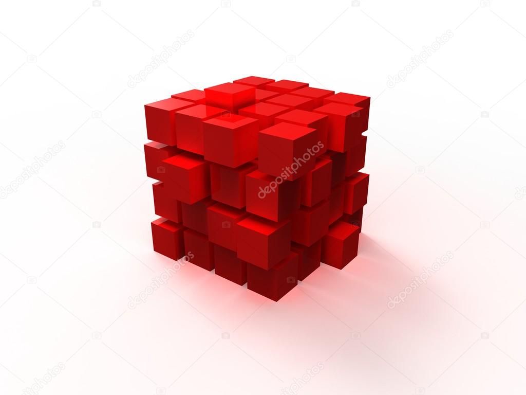 4x4 red disordered cube assembling from blocks isolated on white background