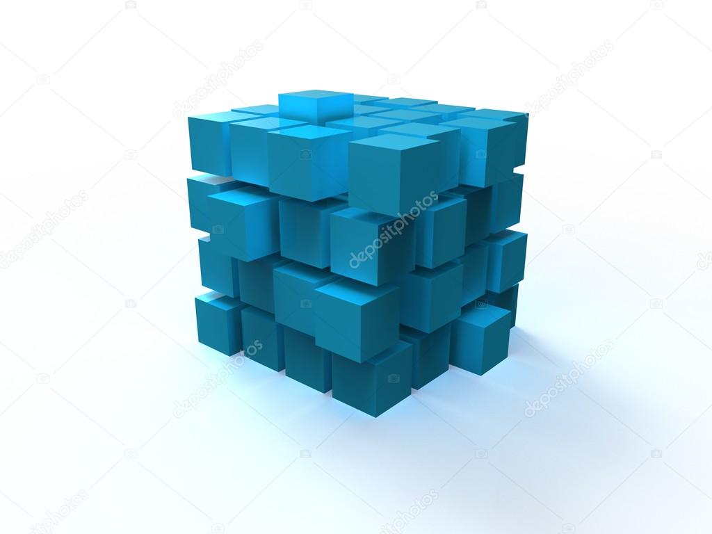 4x4 blue disordered cube assembling from blocks isolated on white background