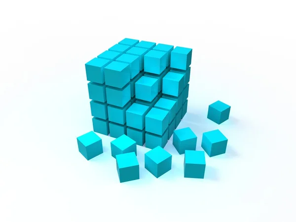 4x4 blue disordered cube assembling from blocks isolated on white background — Stock Photo, Image