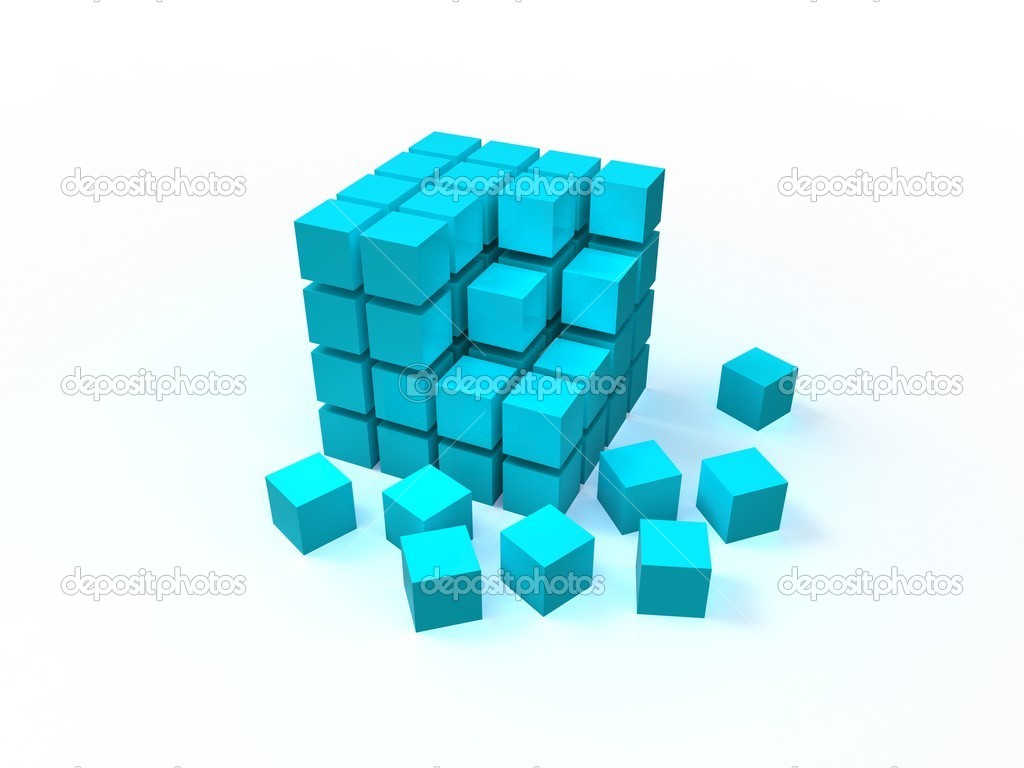 4x4 blue disordered cube assembling from blocks isolated on white background