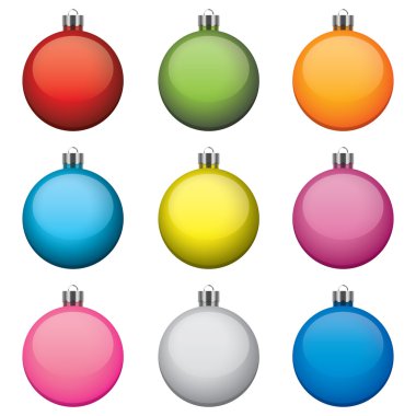 Noel baubles, farklı renkler ve desenler, beyaz zemin üzerine izole