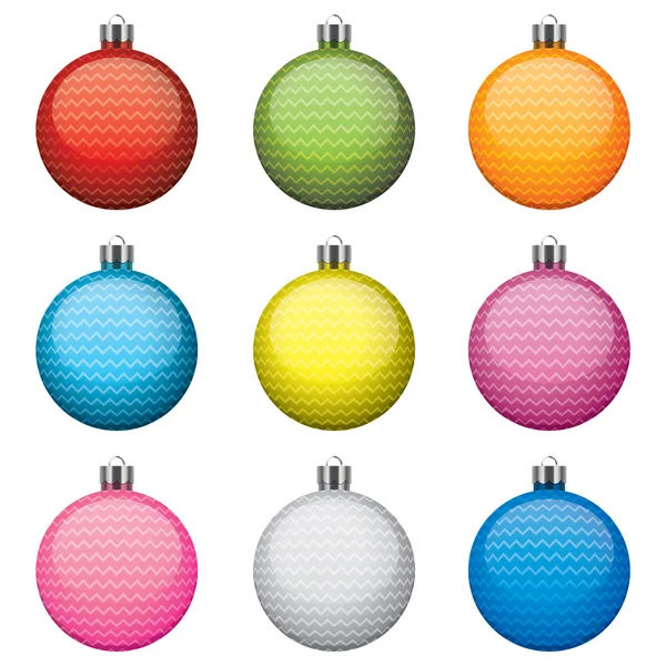 Boules de Noël, différentes couleurs et motifs, isolées sur fond blanc — Image vectorielle