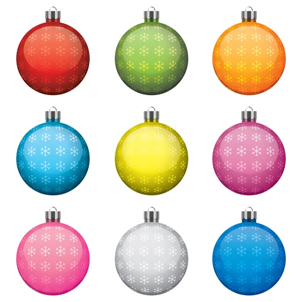 Boules de Noël, différentes couleurs et motifs, isolées sur fond blanc — Image vectorielle