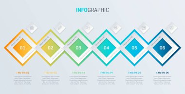Altı adımlı soyut iş alanı bilgi şablonu. Renkli diyagram, zaman çizelgesi ve zaman çizelgesi ışık arka planında izole edildi.