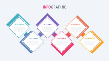 Renkli diyagram, infografik şablon. 6 seçenekli zaman çizelgesi. İş için kare iş akışı işlemi. Vektör tasarımı.