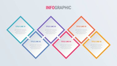 Renkli diyagram, bilgi şablonu. 6 adımlı zaman çizelgesi. İş için kare iş akışı süreci. Vektör tasarımı.