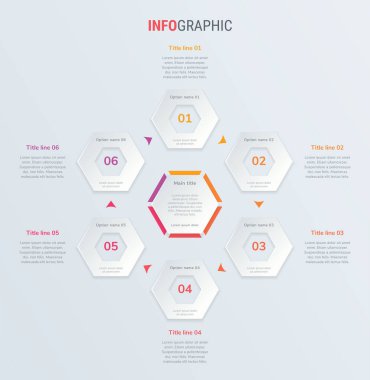 Kırmızı zaman çizgisi bilgi tasarım vektörü. 6 adım, bal peteği iş akışı planı. Vektör bilgi zaman çizelgesi şablonu.