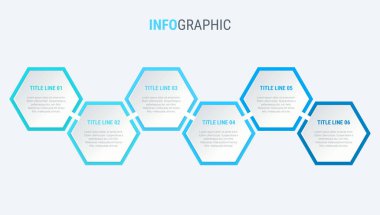 Mavi diyagram, bilgi şablonu. 6 adımlı zaman çizelgesi. İş için bal peteği akış süreci. Vektör tasarımı.