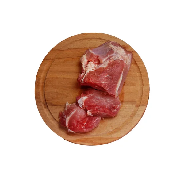 Raw Sliced Pork Fillet Wooden Cutting Board Isolate White — Stock Photo, Image