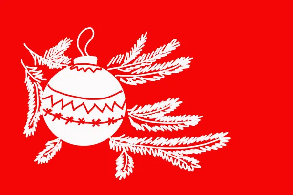 赤い背景に針葉樹の枝に白いクリスマスボール コピースペース — ストック写真