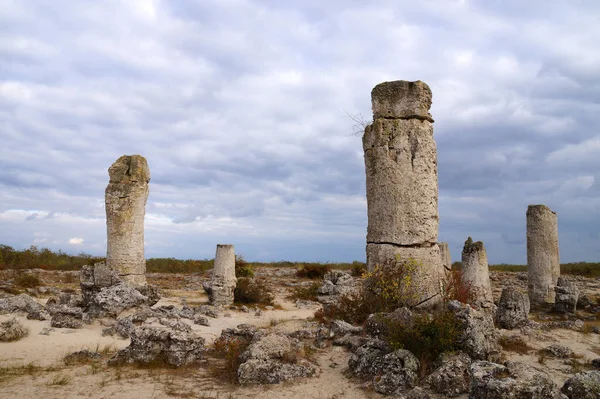 ancient stone pillars on the background of the cloudy sky in Varna Bulgaria, broken stones