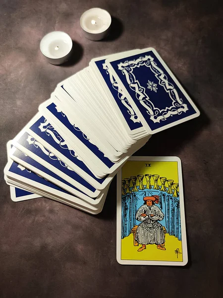 Tarot Cards Candles Dark Vintage Background Close — Stock Photo, Image