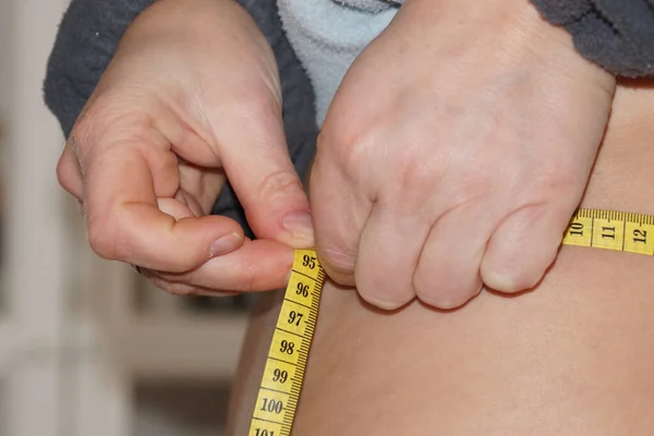 Woman Measures Her Fat Waist Measuring Tape Close — Stock Photo, Image