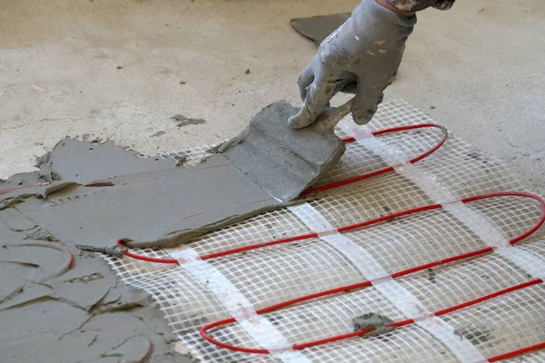 Applying Concrete Mortar Electric Underfloor Heating Close — Stock Photo, Image