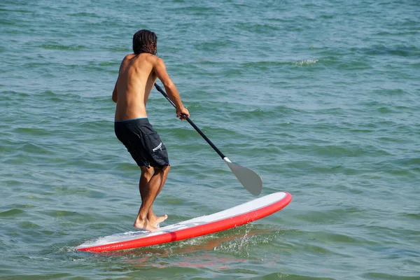 海の中のSupボードにパドルを持つ男 バックビュー — ストック写真