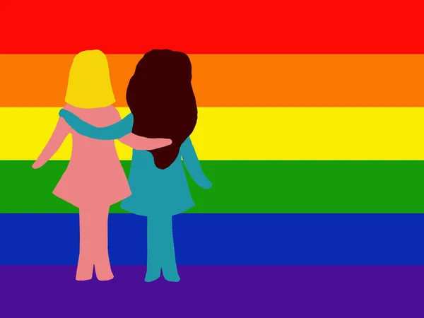 Two Girls Stand Hugging Background Lgbt Flag Illustration Copy Space — Stock Photo, Image