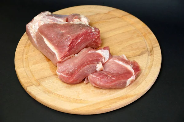 Sliced Raw Pork Fillet Cutting Board Black Background Close — ストック写真