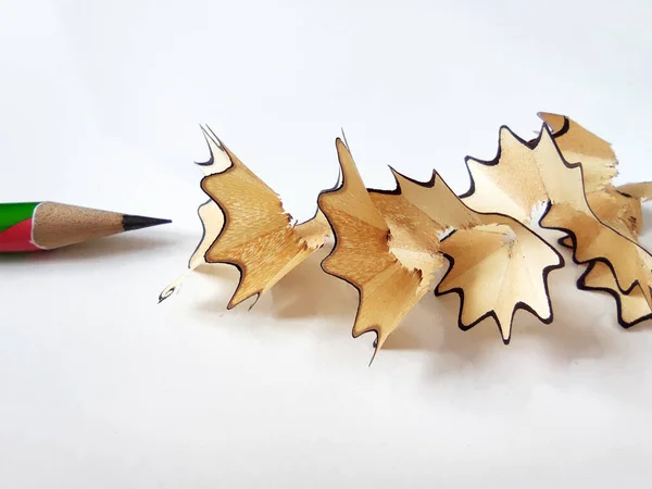 Sharpened Pencil Spiral Shavings Its Sharpening White Background Close — Photo